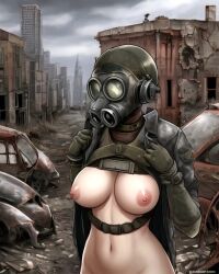 ai_generated ai_hands apocalypse female female_focus female_only gas_mask hidden_face original_character