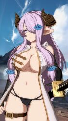 1girls areola_slip big_breasts blue_eyes breasts busty cleavage female female_only fingerless_gloves gloves granblue_fantasy granblue_fantasy_versus hair_over_one_eye highres horns legs long_hair looking_at_viewer narmaya_(granblue_fantasy) navel no_bra open_clothes panties pointy_ears purple_hair serious solo sword thick_thighs thighs underwear very_long_hair voluptuous weapon