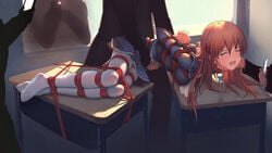 1girls 4boys arms_behind_back blue_eyes bondage bound bound_to_desk breasts brown_hair collar crying desk faceless faceless_male female highres hiiragi_asuka leash long_hair lying_on_desk multiple_boys on_desk on_side one_eye_closed rape rope saliva school_desk school_uniform tears thighhighs tied_up tokinohimitsu tokyo_xanadu