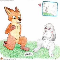 animal_genitalia animal_penis anthro balls canid canine canine_genitalia canine_penis cunnilingus disney female fox genitals grass hi_res judy_hopps lagomorph leporid male male/female mammal nick_wilde oral penis plant pussy rabbit red_fox sex smile spread_legs spreading tongue tongue_out true_fox vaginal_penetration yordraw zootopia