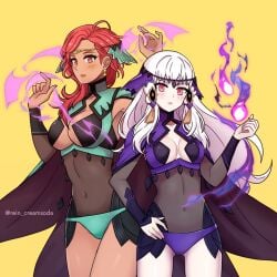 2girls alternate_costume armpits ass_visible_through_thighs bare_thighs bodystocking breasts cleavage commission cosplay dark-skinned_female dark_skin female female_only fire_emblem fire_emblem:_three_houses green_panties hapi_(fire_emblem) lysithea_von_ordelia medium_breasts midriff multiple_girls navel navel_visible_through_clothes nintendo ophelia_(fire_emblem)_(cosplay) panties purple_panties red_eyes red_hair rein_creamsoda small_breasts thighs underwear white_hair