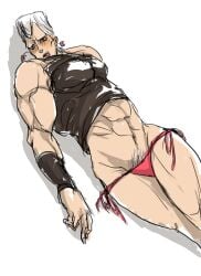 1boy black_topwear crush_my_head_with_those_thighs earrings embarrassed embarrassed_male female_swimsuit jean_pierre_polnareff jojo's_bizarre_adventure light-skinned_male light_skin male male_focus male_only muscular_male pink_swimsuit pubic_hair pubic_hair_visible_through_clothing shadow silver_hair simple_background stardust_crusaders swimsuit white_background