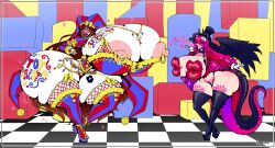 2girls ass bimbo blowing_kiss blush breasts bubble_(the_amazing_digital_circus) caine_(the_amazing_digital_circus) clown cosplay demon_girl dress duo female female_only high_heels huge_ass huge_breasts hyper hyper_ass hyper_breasts lilith_(lilith_art) lilith_art lipples multiple_girls nipple_piercing nipples pomni_(the_amazing_digital_circus) size_difference skimpy succubus surprised tail tattoo the_amazing_digital_circus thick_lips thick_thighs transformation transformed