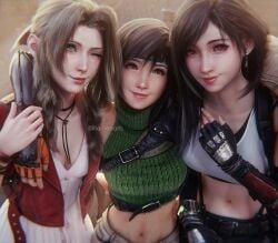 3girls aerith_gainsborough belly_button big_breasts black_hair black_skirt brown_eyes brown_hair clothed clothed_female cute cute_expression cute_face cute_girl day dress final_fantasy final_fantasy_vii final_fantasy_vii_rebirth final_fantasy_vii_remake friendly friends green_eyes long_hair pink_dress posing red_eyes ria-neearts short_hair shorts sleeveless sleeveless_shirt small_breasts smile smiling_at_viewer tifa_lockhart video_game video_game_character video_games yuffie_kisaragi