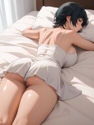 ai_generated ass black_hair chainsaw_man eyepatch himeno_(chainsaw_man) huge_ass huge_breasts isogil lying_on_bed lying_on_stomach short_dress thighs white_dress