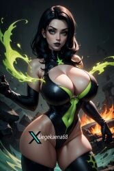 1girls ai_generated big_breasts breasts cleavage green_eyes hair_bun kim_possible liegekaena68 long_hair looking_at_viewer nipple_bulge shego solo