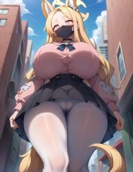 ai_generated alleyway black_mask blue_archive blush cameltoe choker city curvy face_mask from_below gigantic_breasts gigantic_thighs jirai_kei looking_down pink_dress pink_shirt seia_(blue_archive) slender_waist stable_diffusion surgical_mask tea_party_(blue_archive) thick_hips thick_thighs trinity_general_school_student voluptuous white_pantyhose wide_hips worried