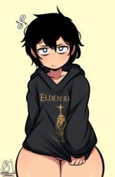 1boy 1femboy 1male 2d 2d_(artwork) artist_name artist_signature black_hair bottomless bottomless_femboy bottomless_male elden_ring femboy hoodie light-skinned_male light_skin logo_on_clothes looking_at_viewer male male_only oc pulling pulling_clothing self_insert semidraws semifemboi_(semidraws) short_hair solo solo_femboy solo_male tired_eyes topwear topwear_only