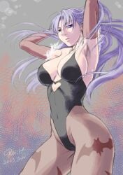 1girls armpits arms_behind_head artist_name big_breasts blue_eyes breasts busty capcom cleavage covered_navel darkstalkers demon_girl drawn female female_only half-closed_eyes highres large_breasts legs leotard long_hair looking_at_viewer morrigan_aensland pantyhose parted_lips pink_lips pose posing purple_hair seductive_gaze sensual serious sexy_armpits solo succubus thighs voluptuous