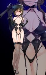 1girls belly_button black_panties bondage_outfit braid breasts brown_eyes brown_hair camel_toe cameltoe clothed collarbone crop dominant dominant_female dominatrix ear_piercing earrings elbow_gloves female female_focus fishnets footwear_fetish garter_belt garter_straps gloves hat heels high_heels idolmaster idolmaster_shiny_colors kuwayama_chiyuki long_gloves navel okuri_banto panties piercing revealing_clothes riding_crop shoes solo solo_focus thighhighs thighs underwear whip