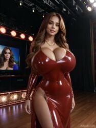 1girls ai_generated big_breasts boob_window breast_expansion breasts_bigger_than_head cleavage cleavage_overflow dress exposed_thighs gigantic_breasts huge_breasts latex looking_at_viewer massive_breasts ohshinakai tagme thick_thighs wide_hips