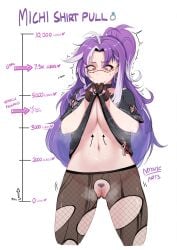 1girls exposed_pussy female female_only fishnets light-skinned_female light_skin michi_mochievee myth1c myth1carts pubic_hair purple_hair pussy shirt_lift solo stitches twitter_strip_game_(meme) virtual_youtuber vshojo white_background