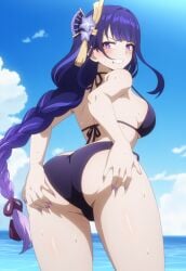 ai_generated ass ass_focus beach_background bikini booty female genshin_impact hi_res long_hair looking_at_viewer looking_back mole nervous ponytail pose purple_eyes purple_hair raiden_shogun sephiaton955 thick_ass