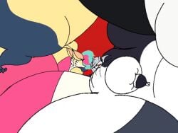 2girls anthro breast_expansion female fox furry hellhound hybrid loona_(helluva_boss) queen_bee-lzebub_(helluva_boss) sound spyrobiffy tagme video wolf wolf_girl