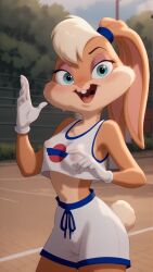 accurate_art_style ai_generated autismmix_pony(model) basketball_court basketball_uniform blonde_hair blue_eyes blush buckteeth covered_nipples day gym_uniform lola_bunny marusame medium_breasts midriff nipples_visible_through_clothing open_mouth outdoors rabbit_ears rabbit_girl rabbit_tail shorts sleeveless_shirt space_jam sportswear stable_diffusion sweat tongue two_tone_fur waving_at_viewer