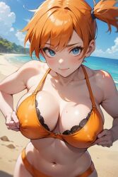 1girls 2024 ai_generated beach beach_background blue_eyes bra breasts creatures_(company) female female female_only game_freak gym_leader human human_female human_only kasumi_(pokemon) light-skinned_female light_skin looking_at_viewer low_ponytail medium_breasts nai_diffusion nintendo nipples nipples_visible_through_clothing orange_bra orange_hair orange_panties panties pokemon pokemon_rgby short_hair side_ponytail solo solo_female stable_diffusion standing video_game_character