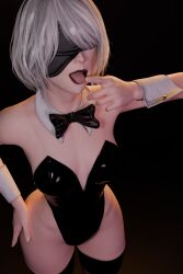 1girls 3d blender collar cuffs_(clothing) enigmaj eyewear female_focus female_only grey_hair hand_on_hip leotard light-skinned_female nier:_automata nier_(series) open_mouth pointing_at_mouth short_hair solo_female tongue_out wide_hips yorha_2b