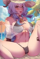 1girls abs beach beach_umbrella bell belly belly_button big_breasts bikini bikini_bottom bikini_top black_bikini blue_hair blush breasts cloud cowbell eyebrows_visible_through_hair female female_only fit_female ganyu_(genshin_impact) genshin_impact gloves hand_under_thigh himmely horns legs long_gloves looking_at_viewer midriff naughty_face navel palm_tree patreon_username pussy_visible_through_bikini red_eyes sand seaside short_hair_with_long_locks sky spread_legs stomach straw_hat thick_thighs tight_bikini tights tongue tongue_out tummy waist