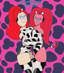 accessory bad_art blue_sclera brainwashed brainwashing cow_horns cow_print cow_print_armwear cow_print_legwear cow_print_thighhighs frankarella_psychadella frankie_foster headphones hugging hypnosis imaginary_friend latex latex_gloves latex_thighhighs long_hair mind_control nemesister pink_hair pink_skin red_hair spiral_eyes symmetrical_docking temperancedraws