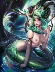 areolae breasts capricorn capricorn_(zodiac) green_eyes green_hair high_res horns lips medium_breasts mermaid monster_girl nipples pointy_ears sakimichan single_braid wet zodiac