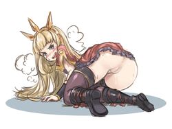 anus ass blonde_hair blush boots cagliostro_(granblue_fantasy) crown fechirin female granblue_fantasy long_hair looking_back purple_eyes pussy skirt smile thighhighs thighs