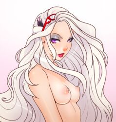 bayonetta bayonetta_2 breasts erect_nipples eyeshadow female glasses jeanne_(bayonetta) lipstick looking_at_viewer makeup nipples nude parted_lips purple_eyes solo superboin white_hair