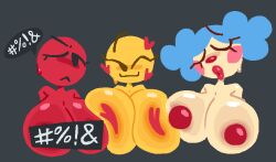 3girls angry_emoji blue_hair censor_bar clown_emoji clown_girl clown_nose clussy emoji emoji_(race) heart heart_emoji hearts_around_head jjoyplus multiple_girls nipple_stickers no_outlines red_body red_skin speech_bubble white_body white_skin yellow_body yellow_skin