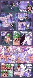 1boy 1girls areolae ass backsack big_ass big_breasts boosette breasts cobatsart comic cum dialogue female jojo_reference long_tongue luigi luigi's_mansion male mario mario_(series) mustache mustache_pubic_hair new_super_mario_bros._u_deluxe nintendo penetration penis professor_e._gadd purple_skin sex smaller_male speech_bubble stockings super_crown super_mario_bros. taller_girl text thick_thighs thighs waluigi wario