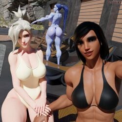 3d 3girls abs amelie_lacroix angela_ziegler ass big_ass big_breasts bikini black_fingernails black_nails black_thong blizzard_entertainment blue_hair dark-skinned_female dark_skin egyptian egyptian_female fareeha_amari female female_only fit fit_female looking_at_viewer mercy muscular muscular_female muscular_thighs oiled oiled_skin oily overwatch overwatch_2 pharah ponytail purple-skinned_female purple_skin selfie swedish swedish_female swimsuit tattoo tattoo_on_stomach thick_thighs thunder_thighs vonsvaigen wide_hips widowmaker yellow_eyes