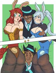 1boy 2d 2girls ass black_hair blue_eyes blush breast_squeeze brown_eyes bunny_girl bunnysuit color dark-skinned_male exposed_breasts female ffm_threesome flynt_coal glare green_eyes grope_from_behind illustration imminent_sex large_breasts light-skinned_female male multiple_girls nipples pyrrha_nikos red_hair rwby threesome torashu-kun weiss_schnee white_hair