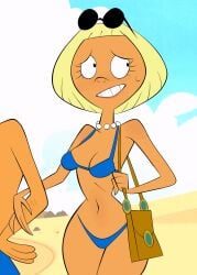 1girls beach bikini blonde_hair blue_bikini cartoon_network couple cowboy_shot embarrassed foster's_home_for_imaginary_friends furrowed_brow husband_and_wife mrs._millionaires navel nervous newguy1091 outdoors pearl_necklace sunglasses sunglasses_on_head sweatdrop tan_body tanned tanned_skin