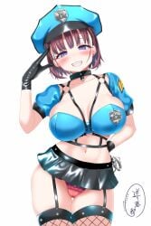 1girls ai-chan_(tawawa) artist_signature belly_button blue_eyes blush braid breasts brown_hair choker clothed ear_piercing earrings eyeshadow female female_focus female_only fishnets fully_clothed garter_belt getsuyoubi_no_tawawa gloves hand_cuffs handcuffs harness hat large_breasts microskirt miniskirt navel okuri_banto panties panty_peek piercing pink_panties police police_badge police_hat police_officer police_uniform policewoman revealing_clothes salute saluting short_hair signature simple_background skimpy_clothes skirt solo solo_focus stockings thighhighs thighs underwear uniform