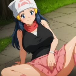 ai_generated beanie big_breasts black_shirt blue_hair blush busty creatures_(company) curvy dawn_(pokemon) female female female_only game_freak hairclip hi_res highres nintendo pink_skirt pokemon pokemon_(game) pokemon_dppt pokemon_trainer pony_diffusion_xl scarf seraphim_ai shiny_skin smile solo spread_legs stable_diffusion thick_thighs