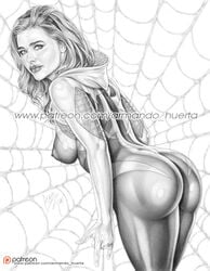 actress armando_huerta ass bodysuit breasts celebrity chloe_grace_moretz covered_breasts covered_nipples dat_ass erect_nipples female gwen_stacy hairband hood hoodie large_breasts legs long_hair marvel marvel_comics monochrome nipples solo spider-gwen spider-man_(series) thighs tight_clothes watermark