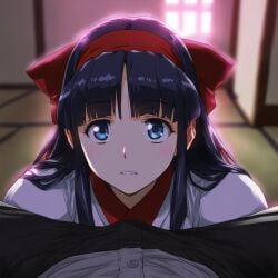 1boy 1girls ainu_clothes black_hair blue_eyes erection erection_under_clothes female hair_ribbon hi_res king_of_fighters long_hair looking_at_viewer male nakoruru parted_lips pov samurai_shodown sexually_suggestive snk spread_legs thighs