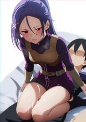 1boy absurdres bare_legs bed belt black_hair censored cum cum_on_body cum_on_legs dress ejaculation female hair_ornament hairclip highres kirito long_hair mito_(sao) nuguri444 penis ponytail purple_dress purple_hair red_eyes short_hair socks straight sword_art_online thigh_sex thighs