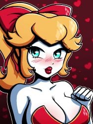 1girls 2020s 2024 big_breasts blonde_hair blue_eyes blush bow breasts female female_only hearts lipstick looking_away mario_(series) medium_hair nail_polish nintendo nyazui ponytail princess_peach red_background red_lipstick red_nails simple_background solo