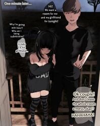 1boy 1girls assertive assertive_female black_hair boyfriend-girlfriend breasts brown_hair choker cleavage couple english english_text goth goth_girl holding_arm ioxat looking_at_viewer original pants shirt short_girl shorter_female solo speech_bubble submissive submissive_female thighhighs