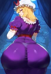 ai_generated ass ass_focus blonde_hair creamy_ai curvy dat_ass dress fat_ass from_behind huge_ass large_breasts pawg purple_eyes sideboob thiccwithaq_(ai_style) thick_ass touhou wide_hips yukari_yakumo