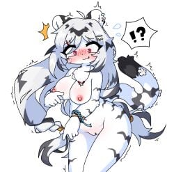 5_fingers :3 ?! accessory anthro areola big_breasts biped blush bodily_fluids bracelet breasts cute_fangs felid female fingers fur genitals grey_body grey_fur grey_hair grey_tail hair hair_accessory hairpin hannah_(mahjong_soul) jewelry kemono long_hair long_tail mahjong_soul mammal mostly_nude motion_lines multicolored_body multicolored_hair multicolored_tail necklace nipples pantherine pink_eyes potatobud3 pussy shocked shy silver_hair simple_background slightly_chubby slightly_chubby_female solo standing stripes sweat sweatdrop tail tears tiger white_background white_body white_fur white_tail