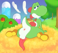 4_fingers anus ass balls blue_eyes bodily_fluids clothing colored dinosaur feral fingers footwear genital_fluids genitals gidgeesheep hi_res looking_at_viewer looking_back male mario_(series) nintendo penis precum presenting presenting_hindquarters reptile scalie shell shoes solo tapering_penis yoshi yoshi's_island