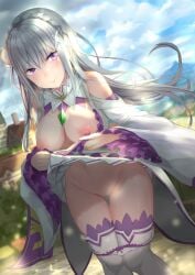 bare_shoulders blush braid breasts breasts_out clothes_lift cloud cloudy_sky commission crown_braid dappled_sunlight dress elf embarrassed emilia_(re:zero) exhibitionism female flower gem green_gemstone grey_hair hair_flower hair_ornament hair_ribbon highres house lips long_hair looking_at_viewer medium_breasts nipples outdoors panties panty_pull pointy_ears public_indecency public_nudity purple_eyes purple_ribbon pussy re:zero_kara_hajimeru_isekai_seikatsu ribbon rose skeb_commission skirt skirt_lift sky smile solo stockings sunlight thighhighs tomaco underwear white_flower white_hair white_rose x_hair_ornament