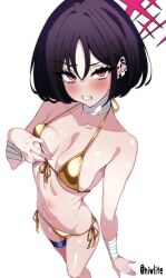 angry arius_satellite_school_student arius_squad_(blue_archive) bandaged_arm bandages bikini black_hair blue_archive blush breasts clenched_teeth ear_piercing embarrassed eyelashes female gold_bikini hair_between_eyes halo high-angle_view highres medium_breasts micro_bikini misaki_(blue_archive) navel niwlite piercing red_eyes short_hair side-tie_bikini_bottom simple_background sweatdrop swimsuit white_background