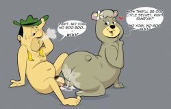 1boy 1girls after_sex anthro ass bear big_ass big_butt cindy_bear cum cum_in_ass dialogue fat_ass female flower hanna-barbera hat heart human interspecies jodero male male/female nude penis ranger_smith semen straight tail text text_bubble ursid yogi_bear