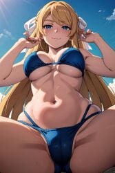 ai_generated ariel_anemoi_asura arms_up big_breasts bikini blonde_hair blue_eyes hi_res long_hair looking_at_viewer mushoku_tensei portrait pussy_visible_through_clothes pussy_visible_through_panties thighs xurockies