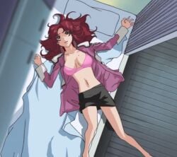 after_sex anime anime_screencap bare_belly bare_legs bare_thighs belly_button black_skirt bra breasts flay_allster gundam_seed jacket long_hair loose_hair open_mouth pink_bra red_hair skirt thighs underwear