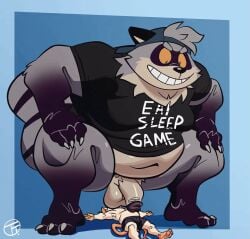 2024 animated anthro belly big_belly clothing duo grey_body hi_res hybrid lying male male/male mammal micro moobs mouse murid murine navel open_mouth overweight overweight_male procyonid raccoon rodent shirt size_difference smile superchub teabag topwear trashtoonz white_body