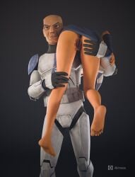 1boy 1girls 2024 3d 3d_(artwork) 501st_clone_trooper ahsoka_tano airress3d airress3d_(3d-modeller) armor ass bald_man carrying carrying_partner clone_trooper clone_wars clothed clothing feet highres lekku lekku_(anatomy) light-skinned_female light-skinned_male light_skin lucasfilm male male/female no_panties no_underwear orange_body orange_skin pussy pussy_lips pussy_peek soles standing star_wars the_clone_wars:_season_seven togruta upskirt vagina watermark