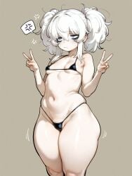 ai_generated bare_thighs blue_eyes breasts double_v female huge_thighs light-skinned_female light_skin micro_bikini multicolored_hair oatmealdood oiled_body oiled_skin original shortstack small_breasts solo_female squatting sweat sweatdrop thick_body thick_female thick_thighs thighs twintails voluptuous voluptuous_female white_hair