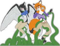 2girls aisty_(mancoin) alpha_channel amber_(mancoin) anthro black_hair black_panties blue_eyes blush bottomwear breasts canid canine canis clothing domestic_dog duo eyewear feathered_wings feathers female fox foxyverse furry_only glasses green_tentacles grope heterochromia husky kdraws mammal multiple_girls nipples nordic_sled_dog open_mouth panties pants pink_panties restrained shirt shirt_lift short_hair simple_background small_breasts spitz spread_legs striped_panties suspension tentacle tentacles_under_clothes topwear underwear wings